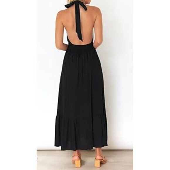 Zesica Womens XL Halter Maxi Dress Black Smocked Back Casual Beach Vacation Sexy - Picture 2 of 10